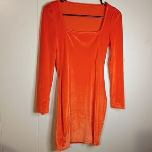 Women's Long Sleeve Velvet Square Neck Dress - Orange